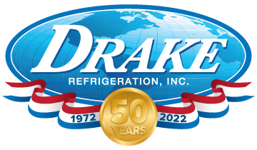 Drake Chillers 50th anniversary logo with gold emblem and red/white/blue ribbon