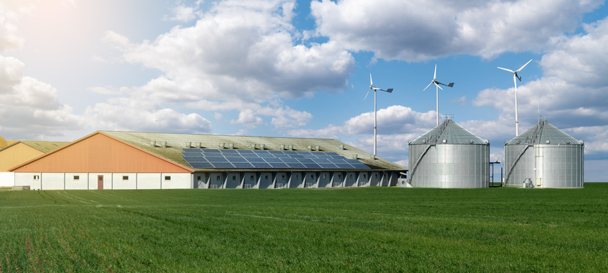 Modern dairy farm with energy-efficient and -conservation solar panels and wind turbines